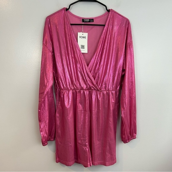 NWT YOINS Pink Metallic Long Sleeve Romper Size Medium - Picture 1 of 12